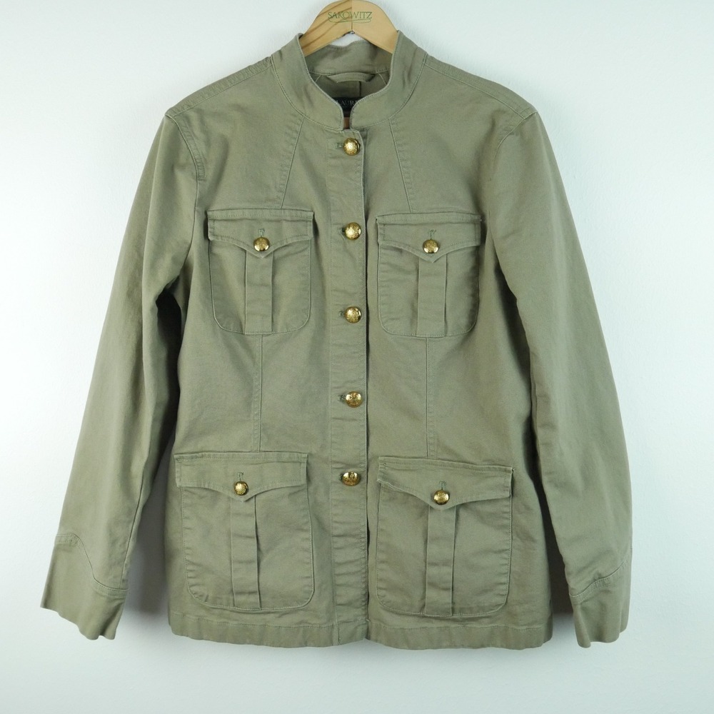 Lauren Ralph Lauren Olive Green Military Utility Jacket Gold Buttons Blazer 10